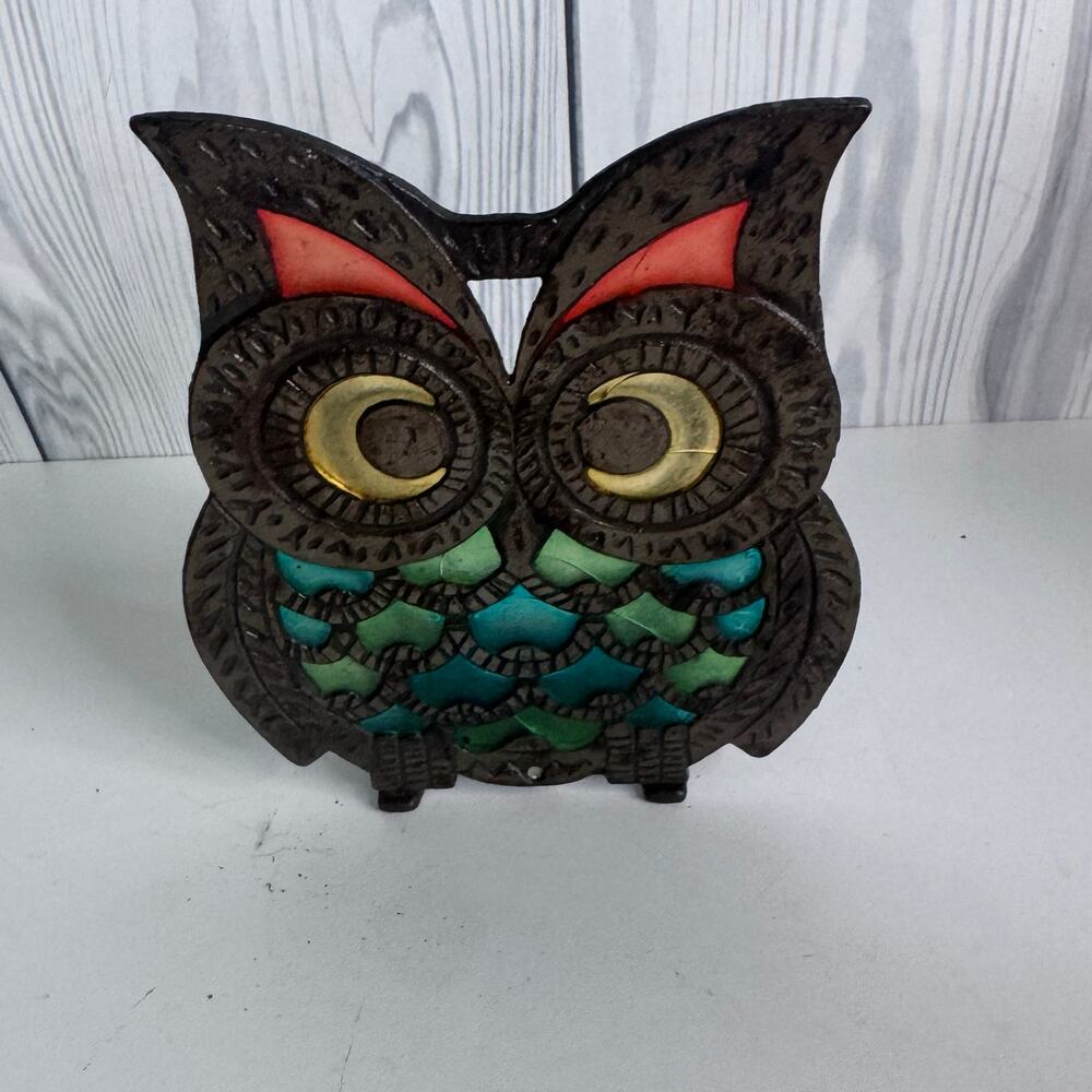 Vintage Cast Iron & Colored Stained Glass Owl Napkin / Letter Holder Suncatcher